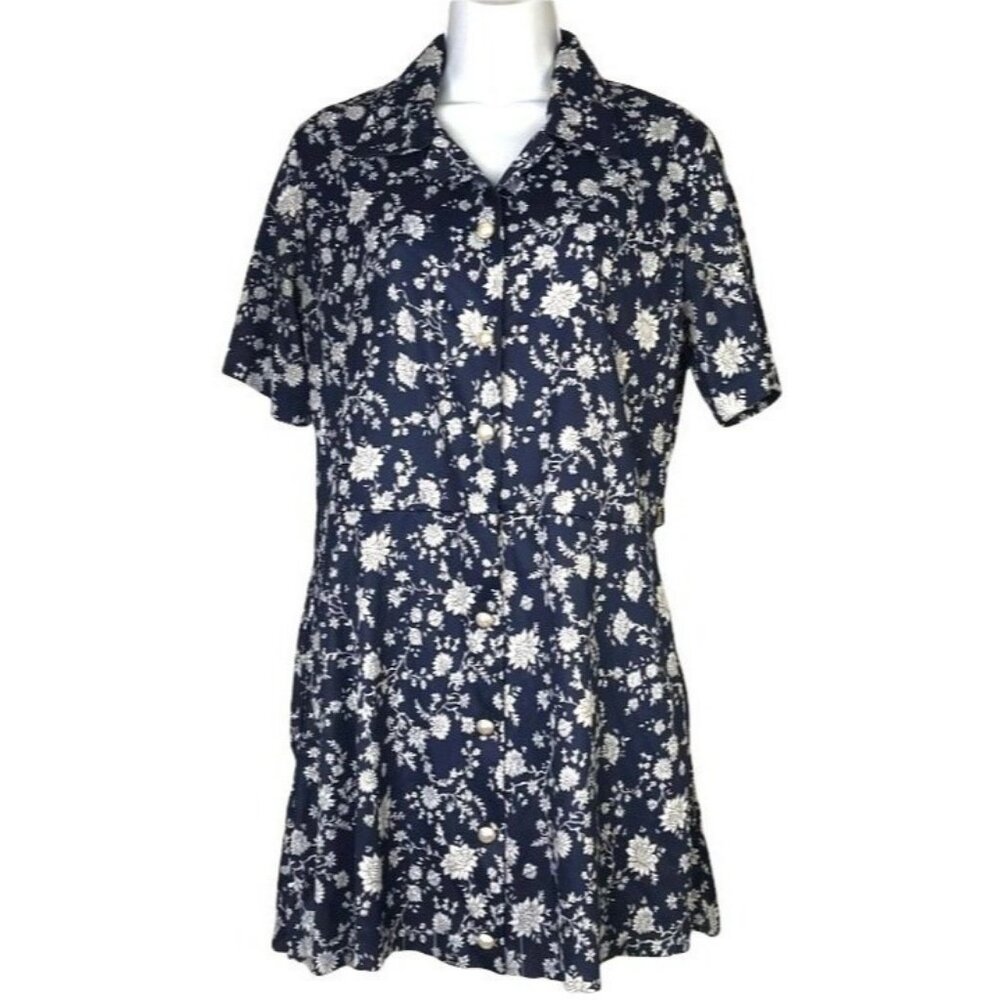 Vintage Blair Button Front Mini Shirt Dress L Short Sleeve Floral Print 80s 90s